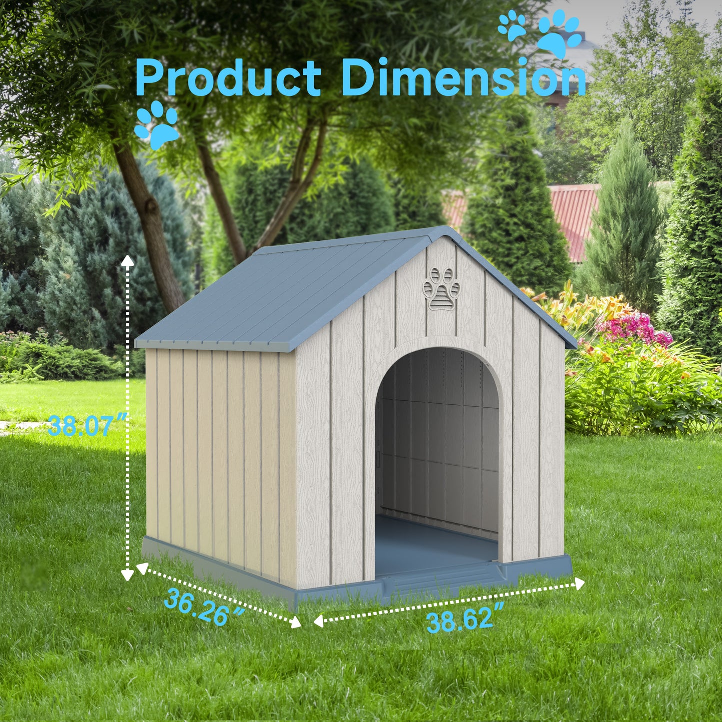 Bellura Pet - 38'' Sturdy PP Construction Water and Mildew Resistant Blue Pointed Doghouse Indoor Outdoor Pet Shelter