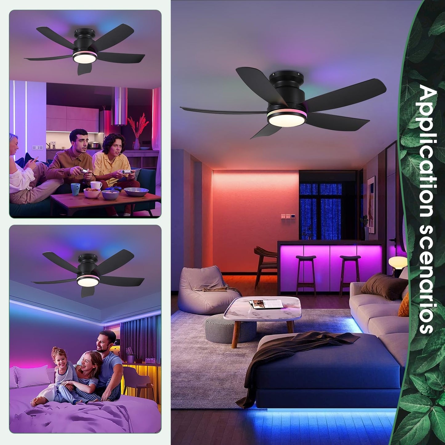 41 Inches RGB Ceiling Fan with Light,3CCT LED,Reversible DC Motor,Flush Mount Ceiling Fan