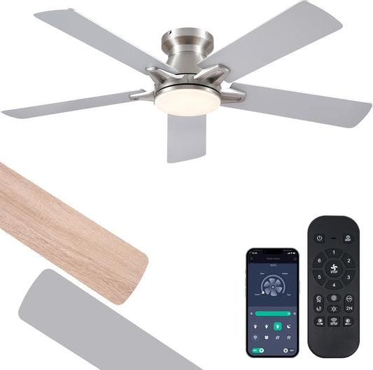 52 Inch Flush Mount Ceiling Fan with Light-NIckle