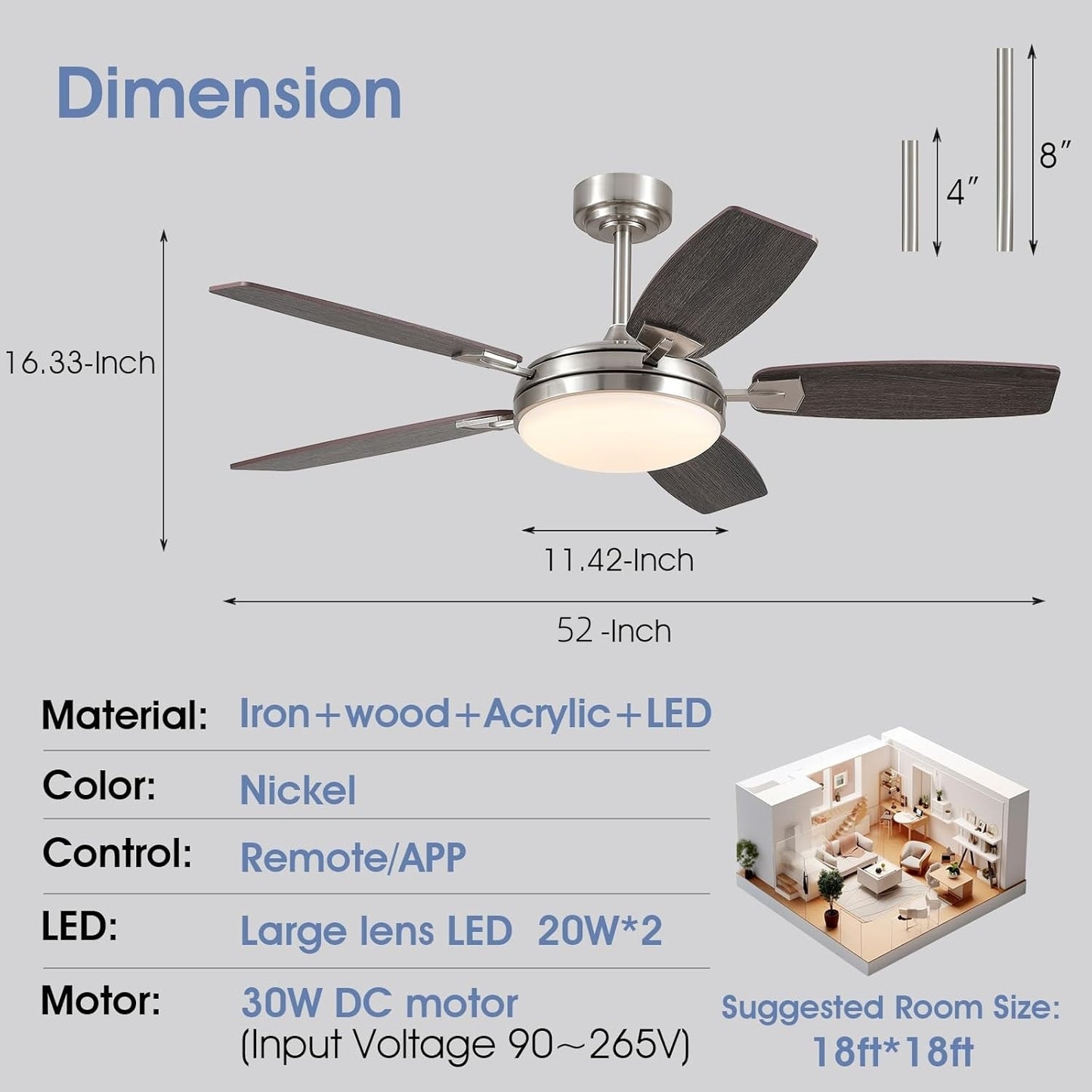 52 inch downrod Ceiling fan with Light