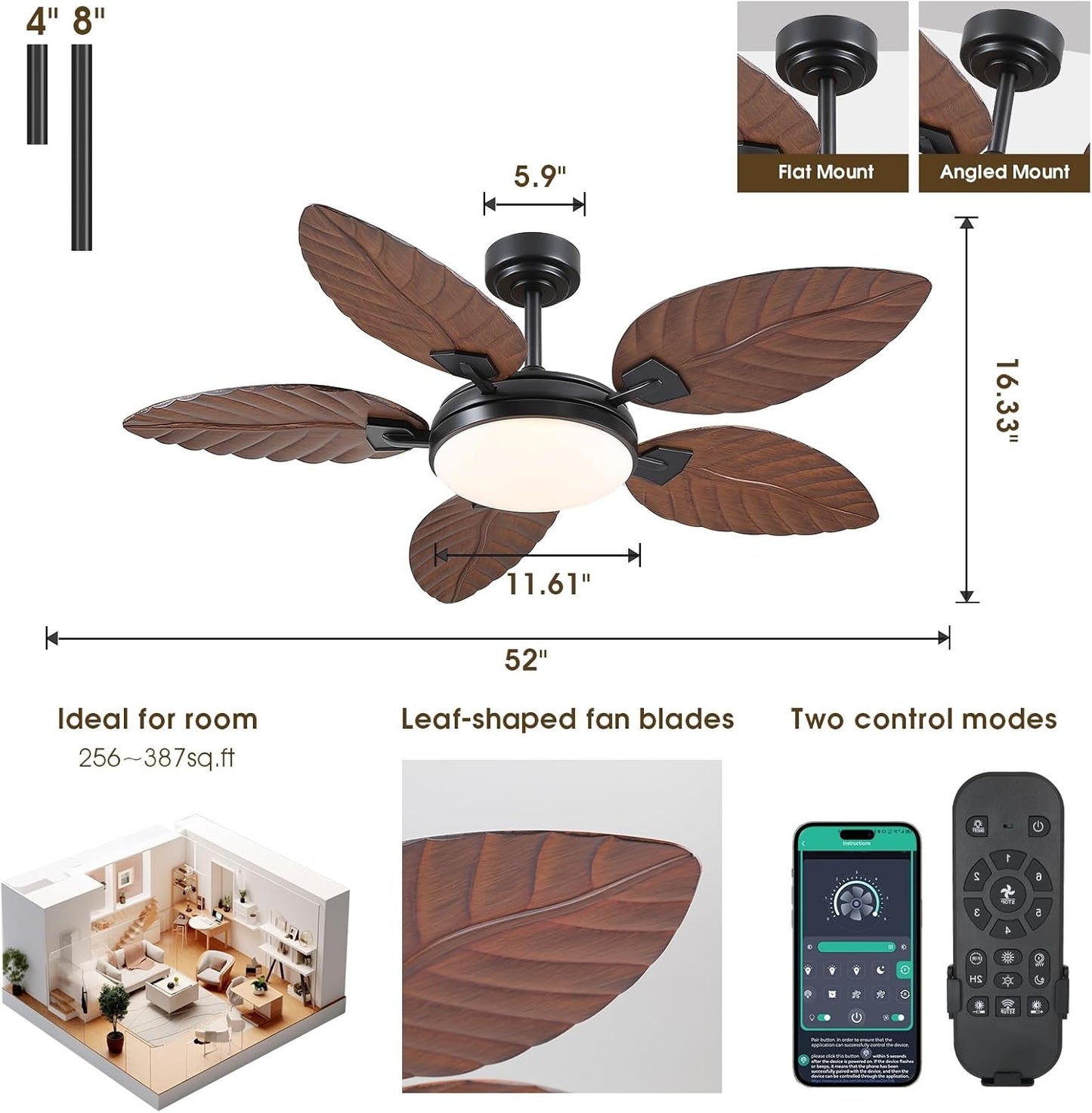 52 inch Brown Palm Leaf Ceiling Fan with Light