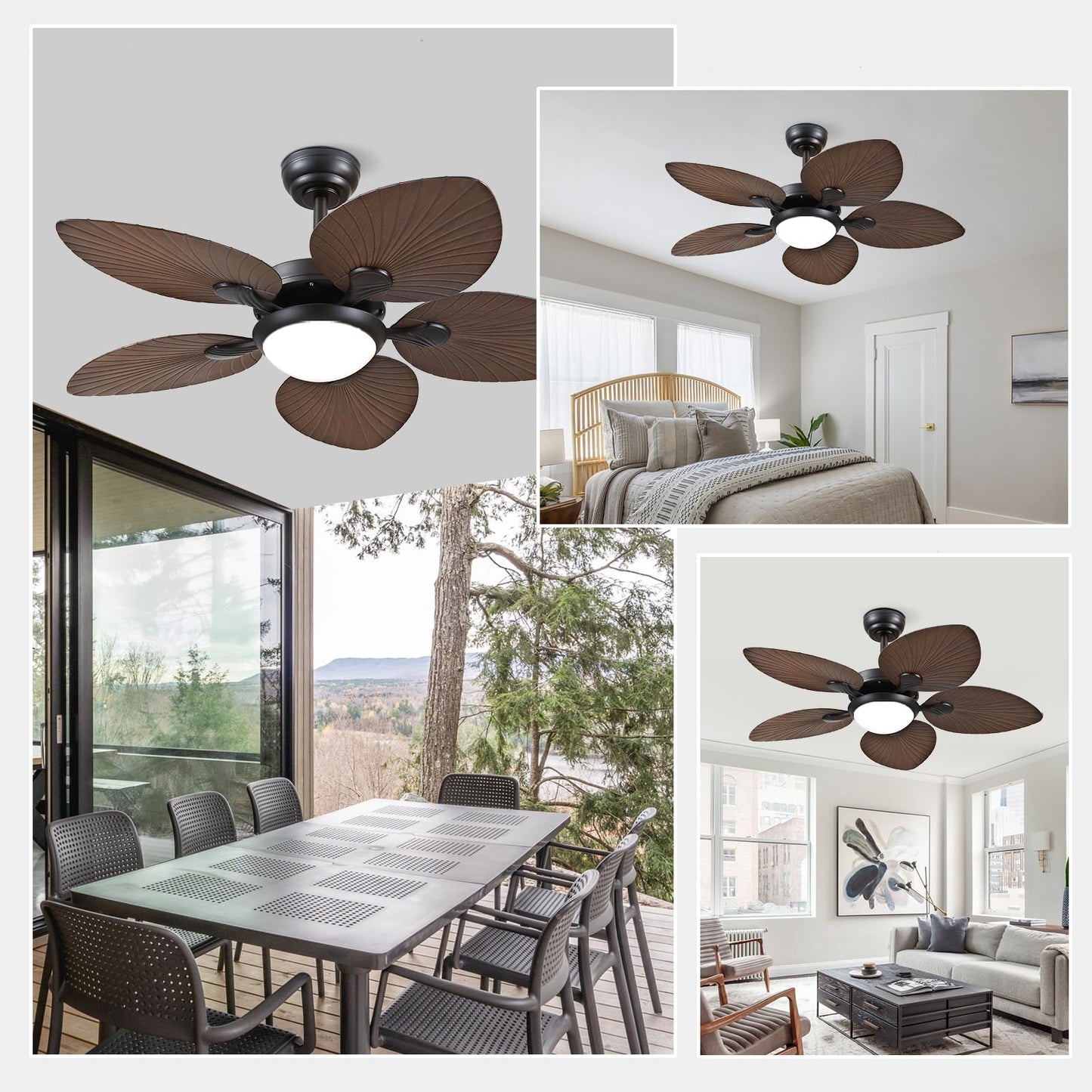 44 Inch Tropical Palm Leaf Ceiling Fan with LED Lights, Outdoor Ceiling Fans for Patios Porch, Reversible Quiet Motor, Dimmable, Light Brown