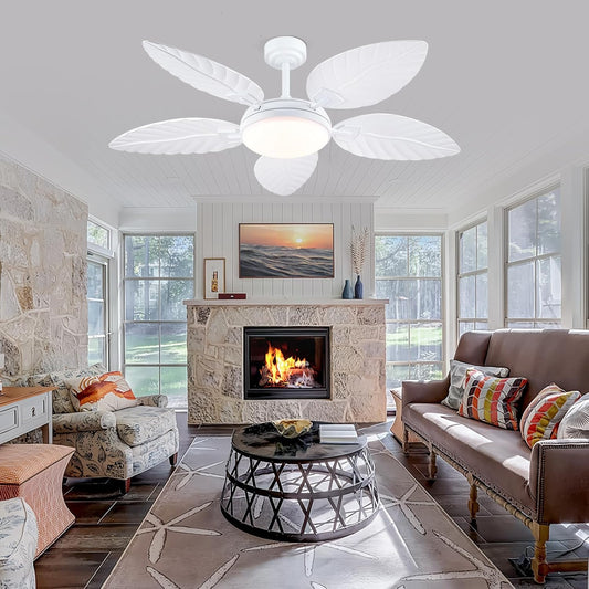 52 Inch White Palm Leaf Ceiling Fan Light