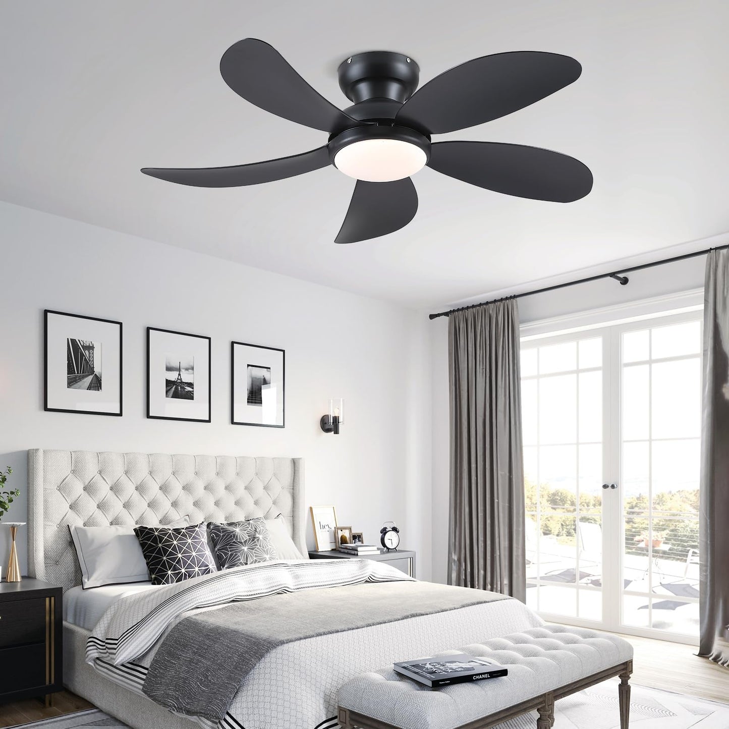 42 Inch Low Profile Modern Ceiling Fan, Reversible DC Motor,5 Blades,6 Speed, App and Remote Control