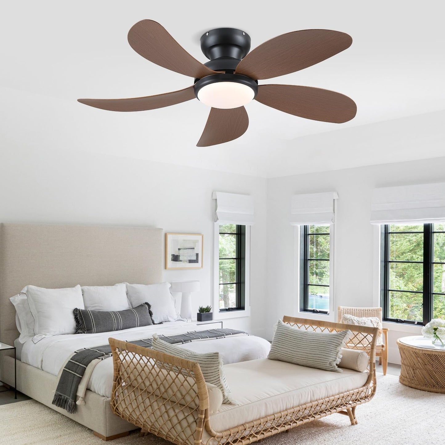 42 Inch Low Profile Modern Ceiling Fan, Reversible DC Motor,5 Blades,6 Speed, App and Remote Control