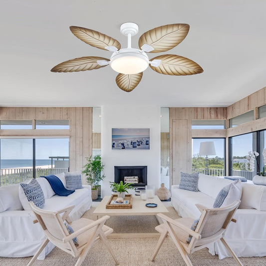 48 or 52 Inch Palm Leaf Ceiling Fan,APP and Remote Control,5 Blades,Dimmable,Reversible DC Motor