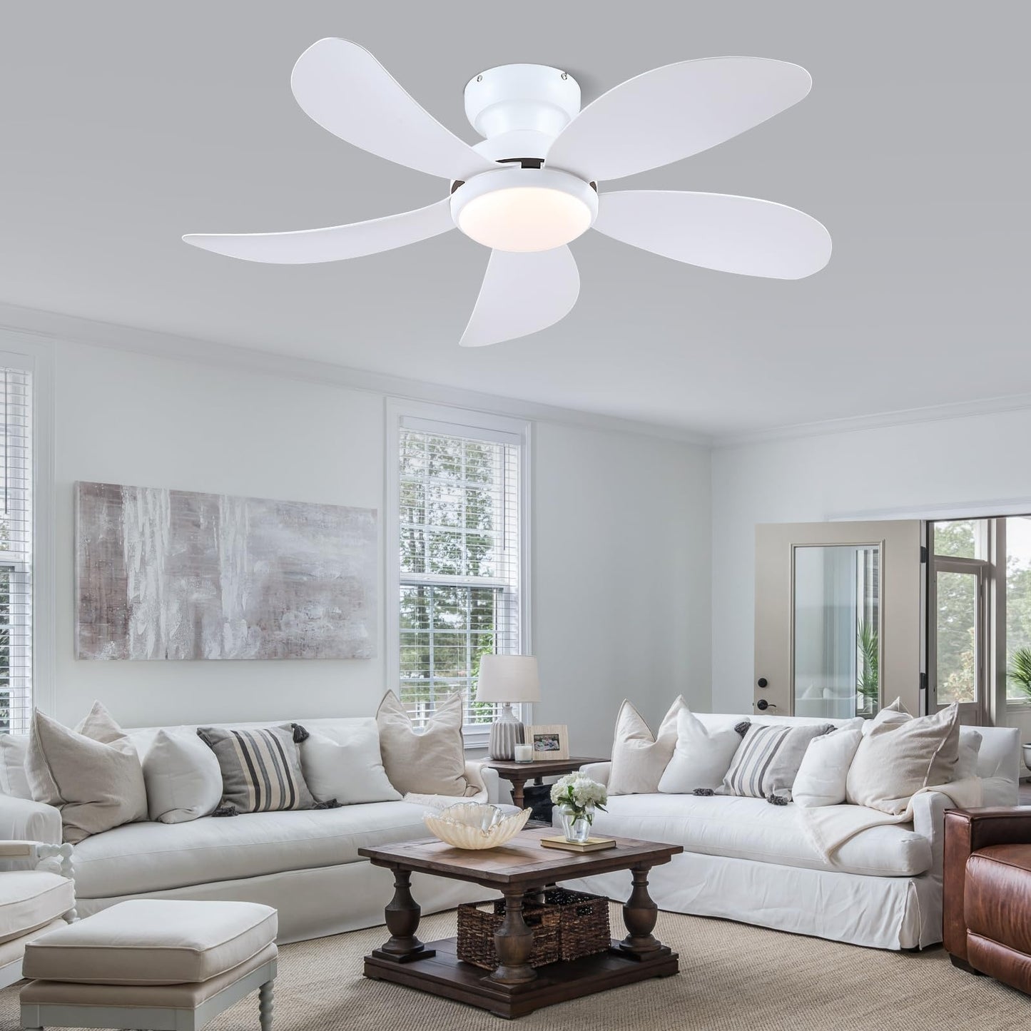 42 Inch Low Profile Modern Ceiling Fan, Reversible DC Motor,5 Blades,6 Speed, App and Remote Control