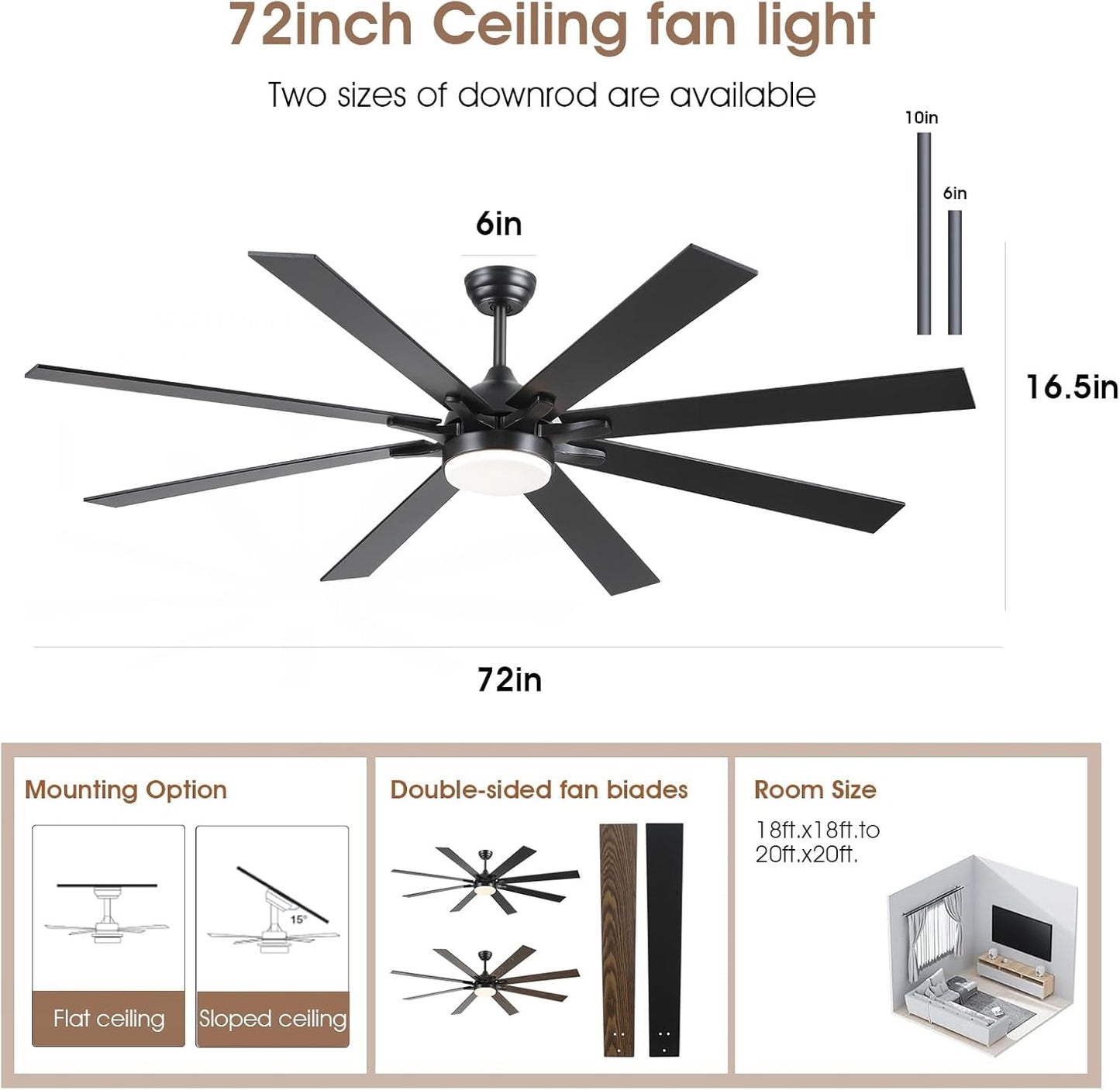 72 Inch Ceiling Fan with Light ,Reversible DC Motor,3 CCT Dimmable LED,Suitable for Living Room,Patio,backyard,Garage,Warehouse