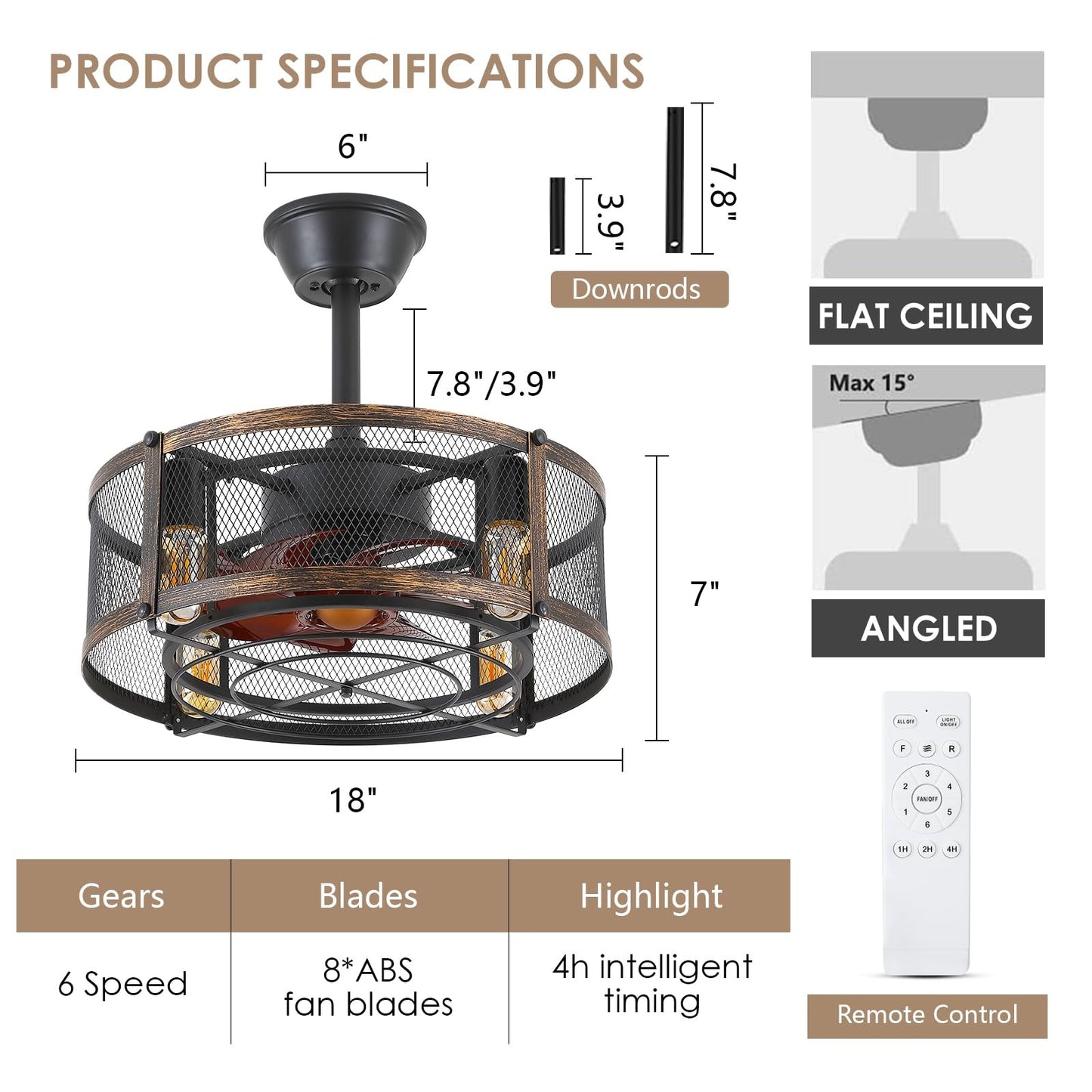 18 Inch Caged Ceiling Fan with Light,Reversible DC Motor,Remote Control for Timer Setting,6 Speed Wind,for Bedroom,Kitchen,Outdoors