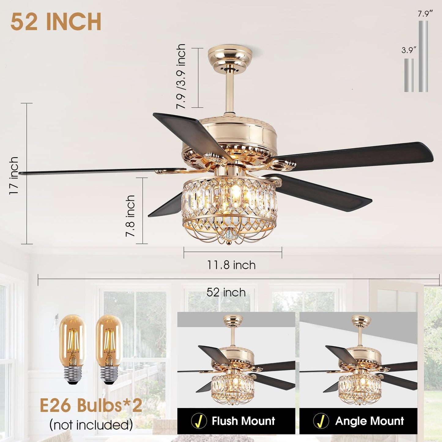 52" Crystal Ceiling Fan Fandelier with Lights,Modern Outdoor Fans with Remote Control