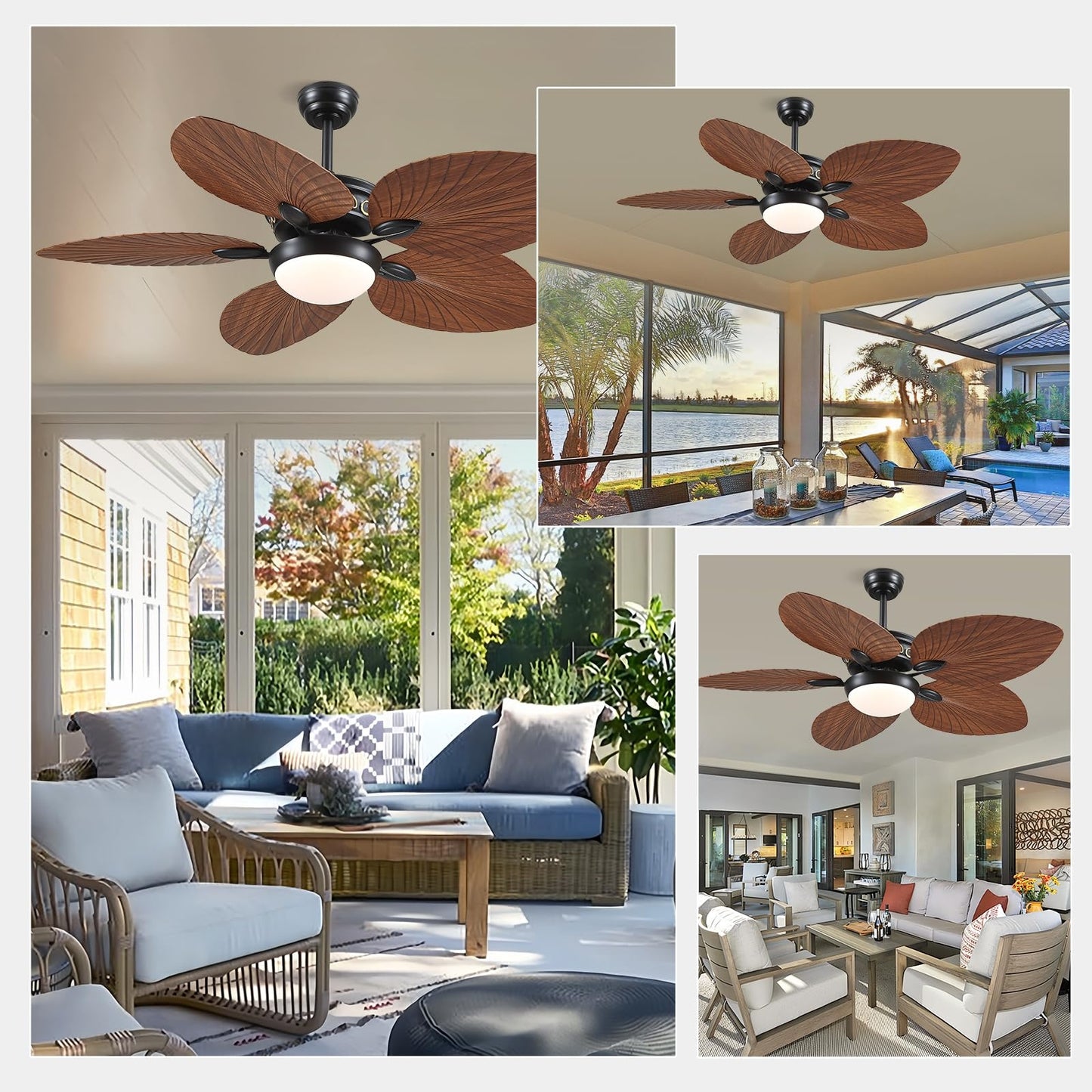 52 Inch Tropical Ceiling Fan with Dimmable LED Light and Remote Control, Palm Leaf Blades, Indoor/Outdoor, Reversible Motor, 6 Speeds