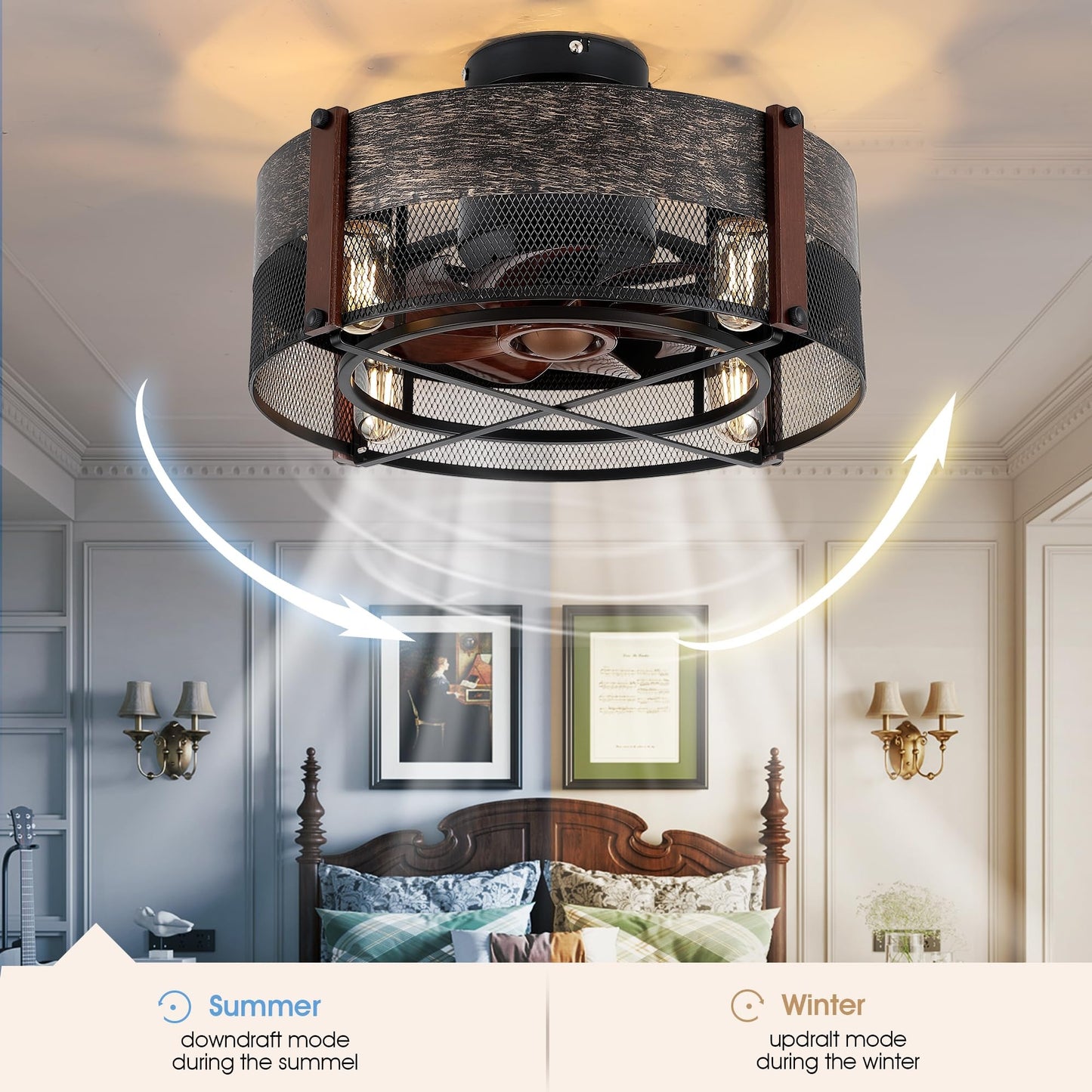 19 Inch Caged Ceiling Fan with Light,Black Bladeless Ceiling Fans for Bedroom Kitchen,Reversible