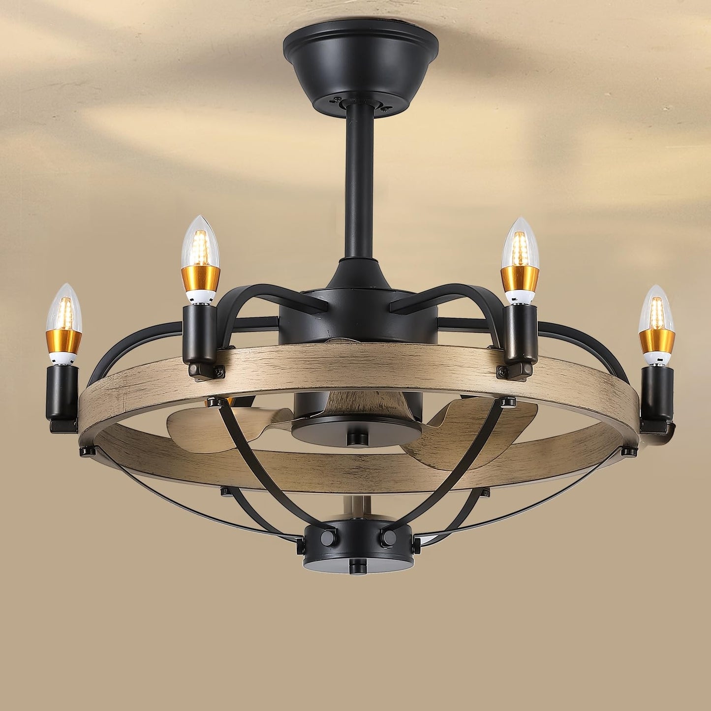 23/32 Inches Caged Ceiling Fan with Light and Remote,Modern Farmhouse Ceiling Fan Light for Living Room,Kitchen,Dinning Room, Black Rustic Chandelier Candles