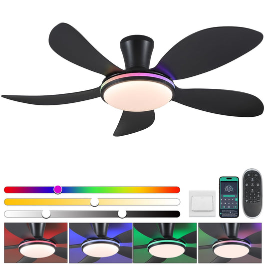 48 Inch Ceiling Fan with Light,RGB LED Light,Flush Mount Base, Five Reversible Blades