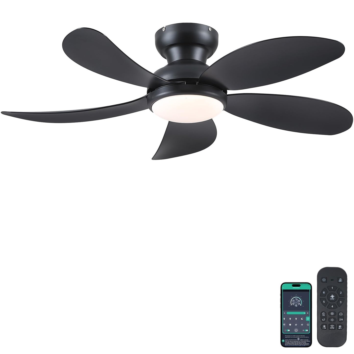 42 Inch Low Profile Modern Ceiling Fan, Reversible DC Motor,5 Blades,6 Speed, App and Remote Control