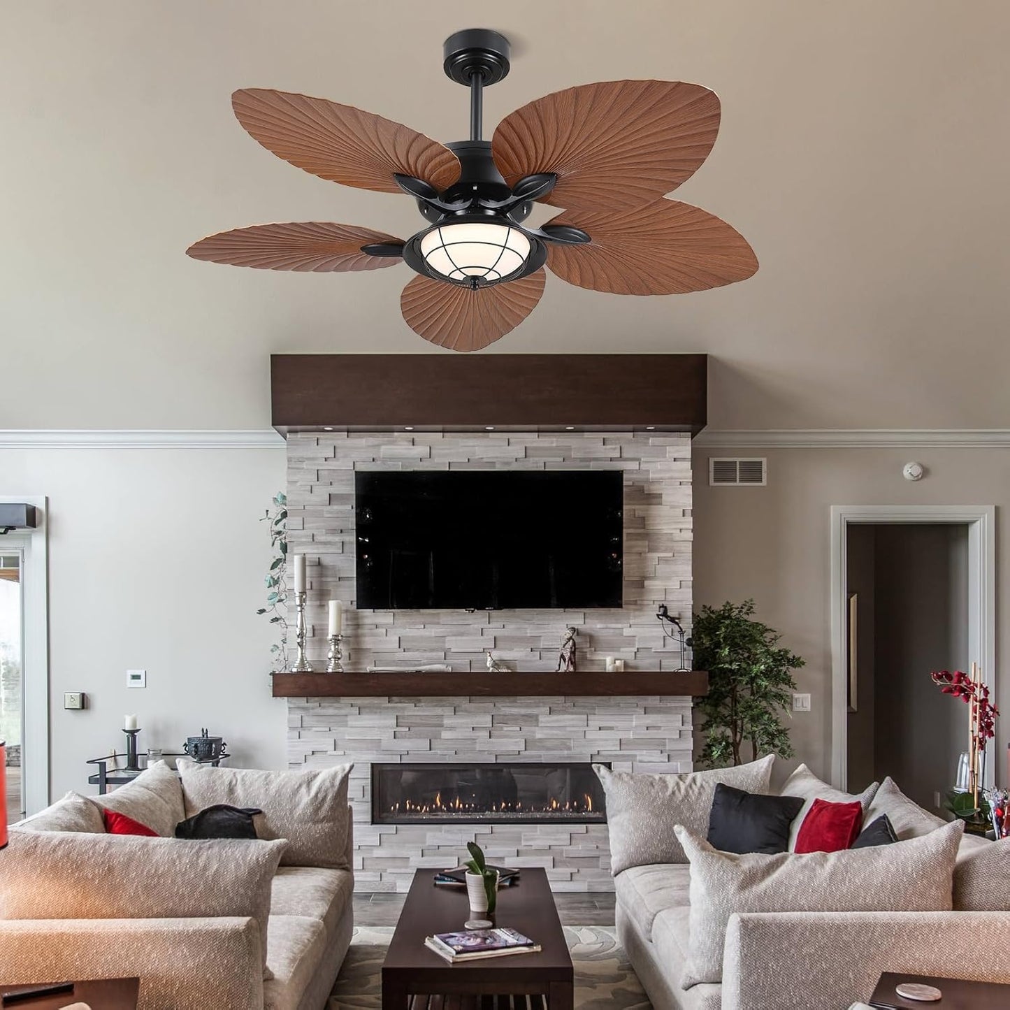 52" Waterproof Outdoor Palm Leaf Ceiling Fans with Lights and Remote,Wet Rated Tropical Ceiling Fans for Patios Porch Gazebo Pergola