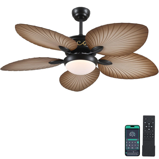 52 Inch Tropical Ceiling Fan with Dimmable LED Light and Remote Control, Palm Leaf Blades, Indoor/Outdoor, Reversible Motor, 6 Speeds