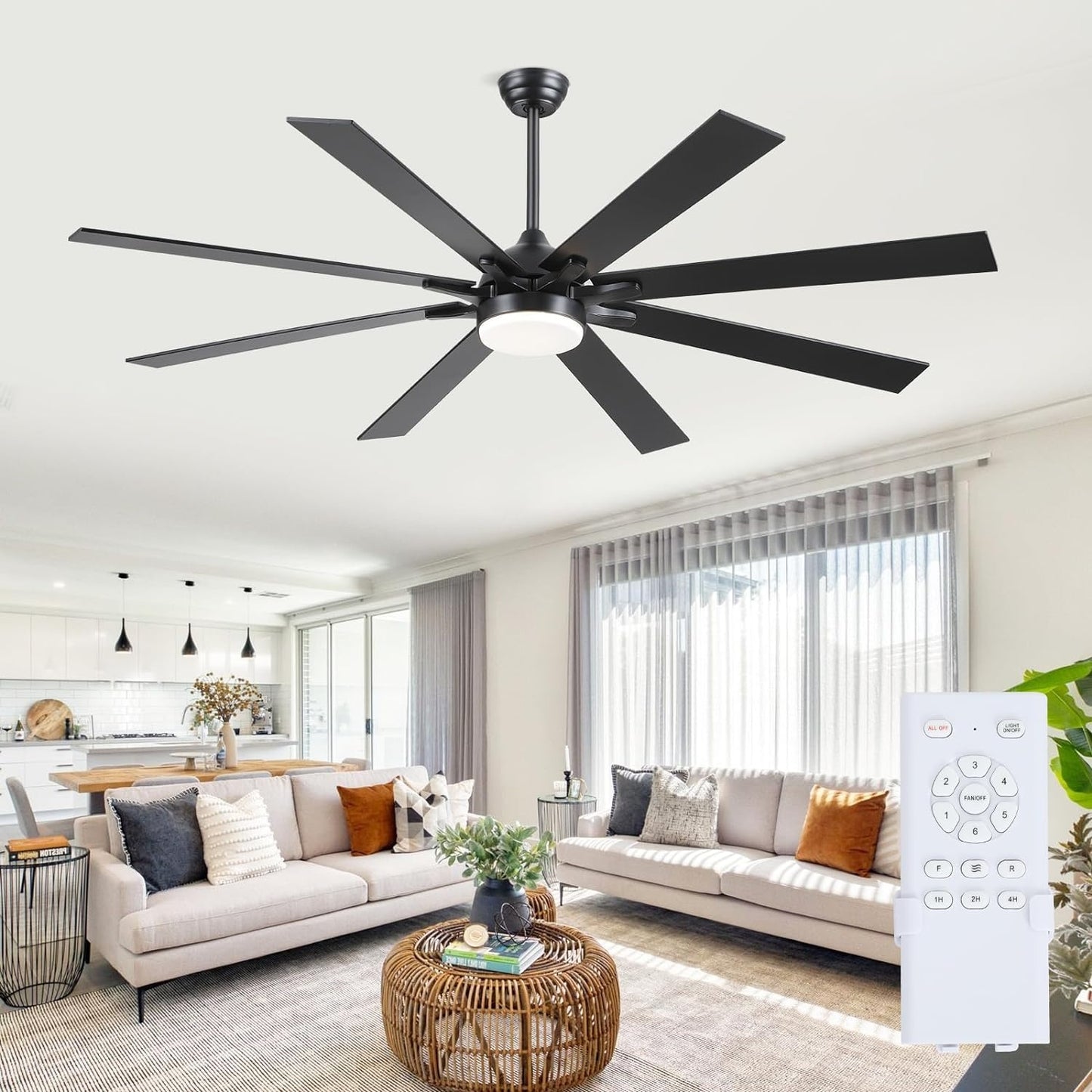 72 Inch Ceiling Fan with Light,Downrod LED Ceiling Fan,8 Plywood Blades
