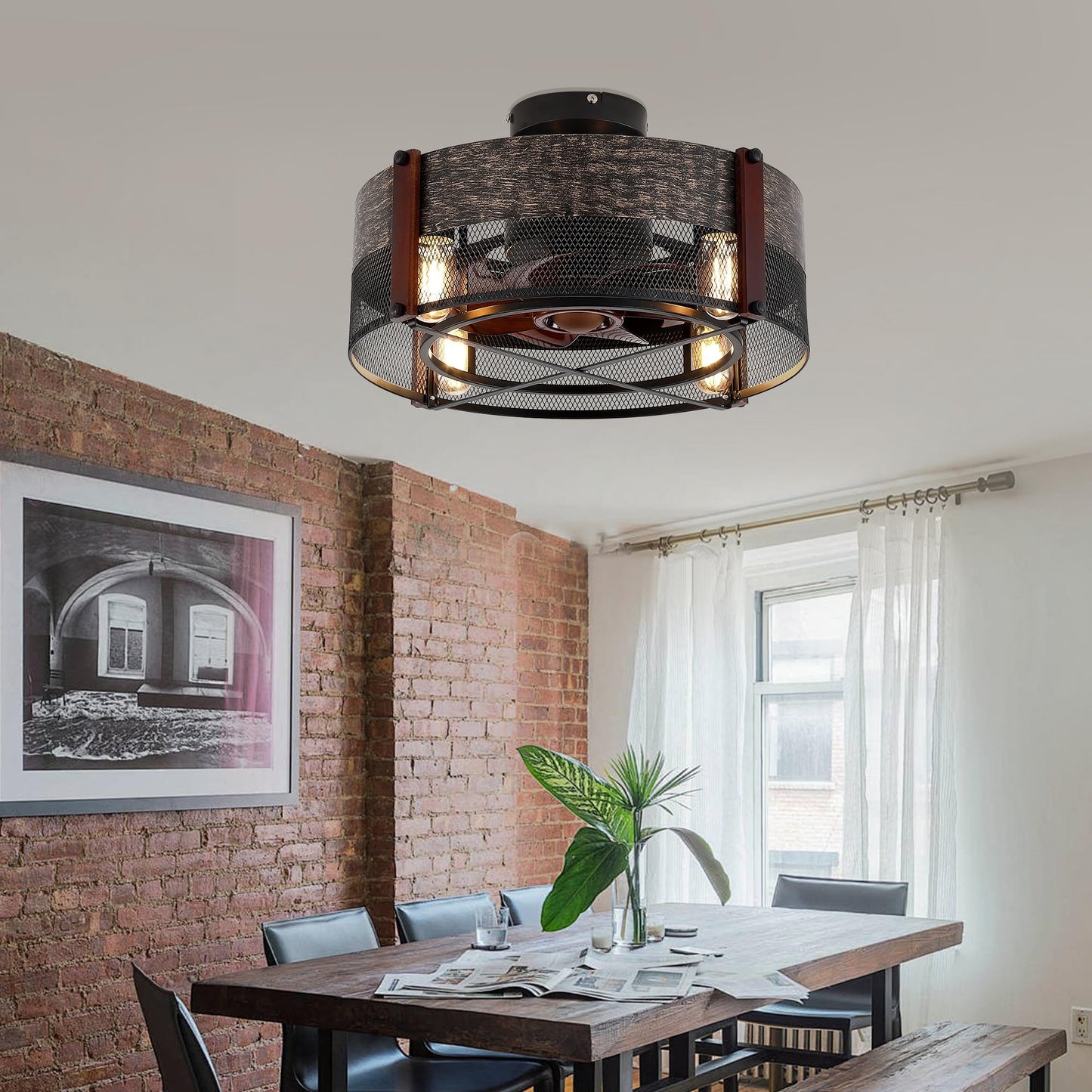 19 Inch Caged Ceiling Fan with Light,Black Bladeless Ceiling Fans for Bedroom Kitchen,Reversible