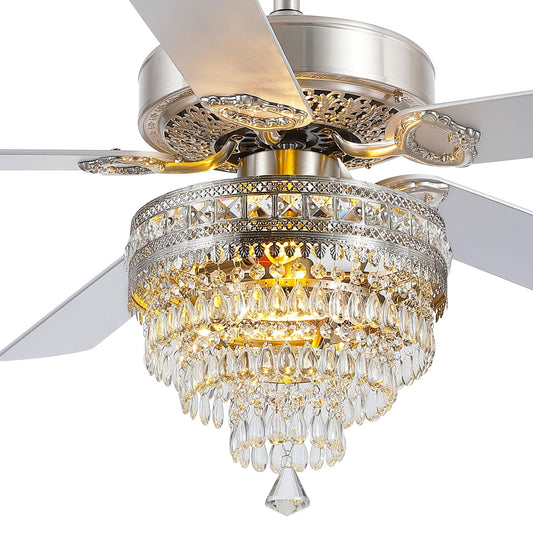 Chandelier Ceiling Fan with Remote, 52 Inch Crystal Fan Light, Indoor Fan Ceiling with 3 Speed, Silent Reversible Motor, Dual-Sided Blades, Timer