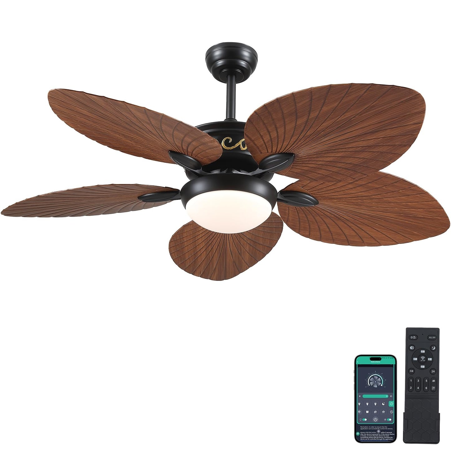 52 Inch Tropical Ceiling Fan with Dimmable LED Light and Remote Control, Palm Leaf Blades, Indoor/Outdoor, Reversible Motor, 6 Speeds