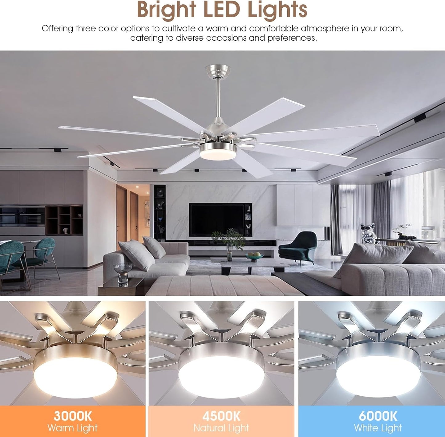 72 Inch Ceiling Fan with Light,8 Plywood Blades,Downrod LED Ceiling Fan,for Living Room,Warehouse,Patio