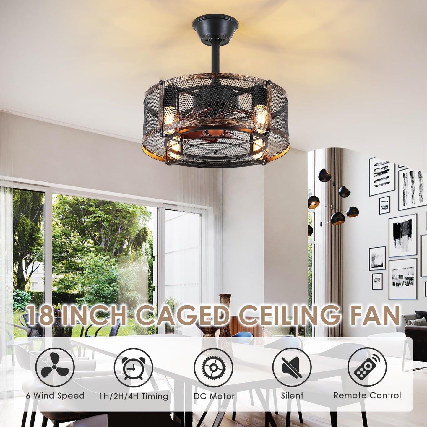 18 Inch Caged Ceiling Fan with Light,Reversible DC Motor,Remote Control for Timer Setting,6 Speed Wind,for Bedroom,Kitchen,Outdoors