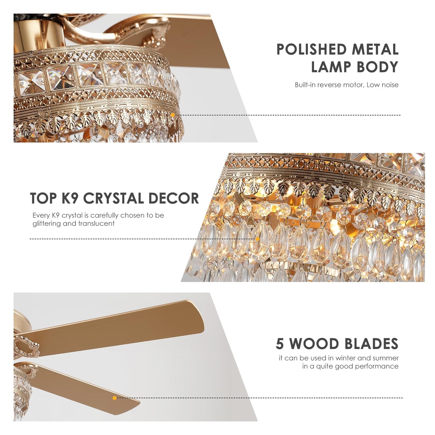 52 Inch Crystal Ceiling Fan with light -Gold