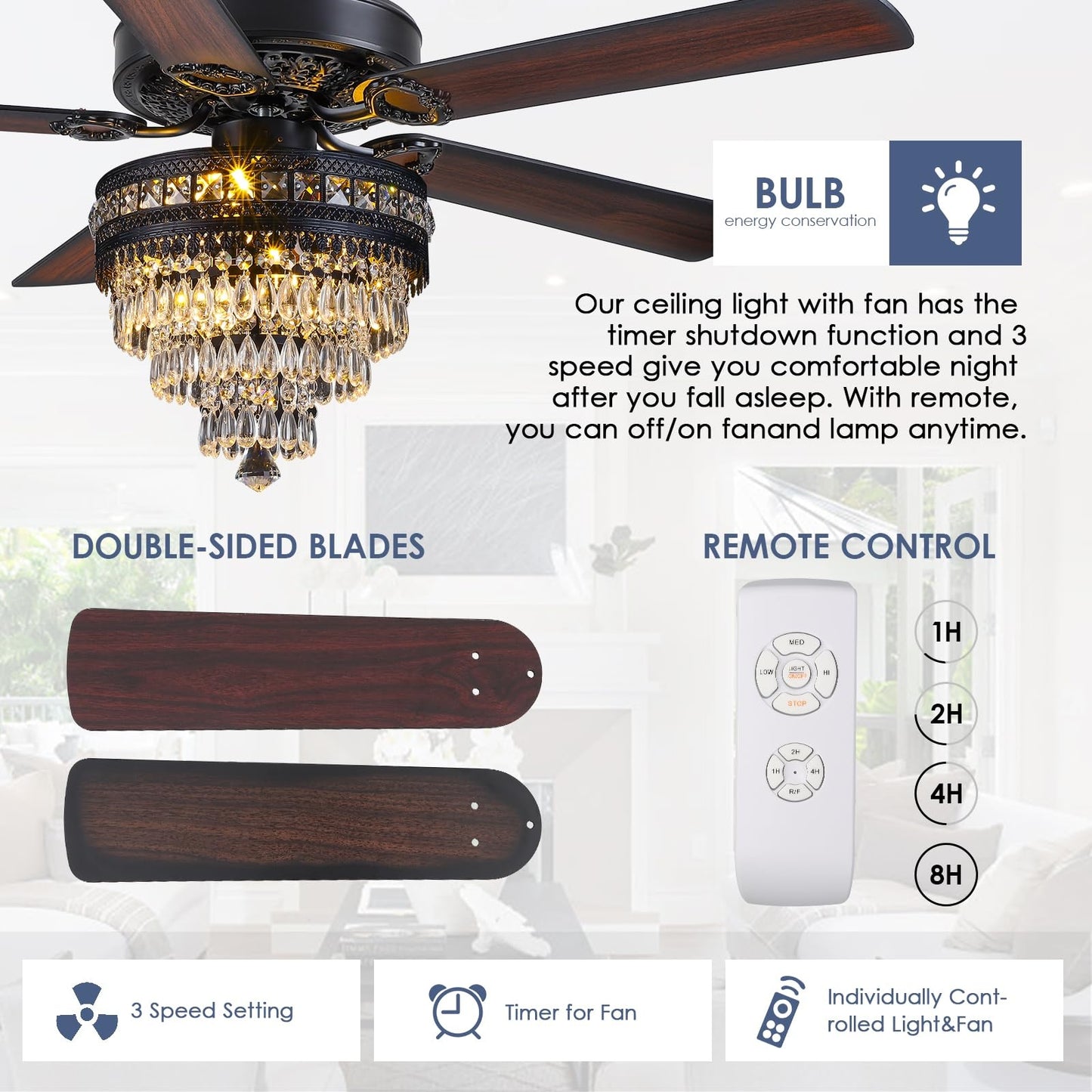 Kviflon  52/ 62 inch Crystal Ceiling Fan with Light