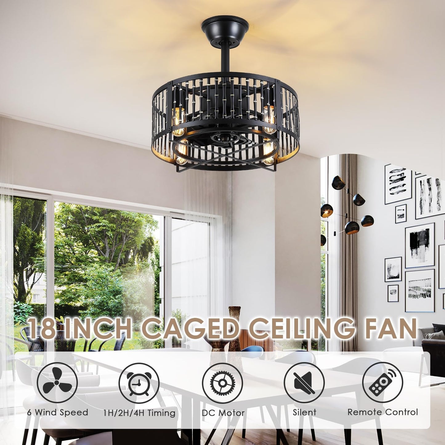 18 Inch Caged Ceiling Fan with Light and Remote,Downrod Bladeless Ceiling Fan Light,for Dining Room,Kitchen,Bedroom