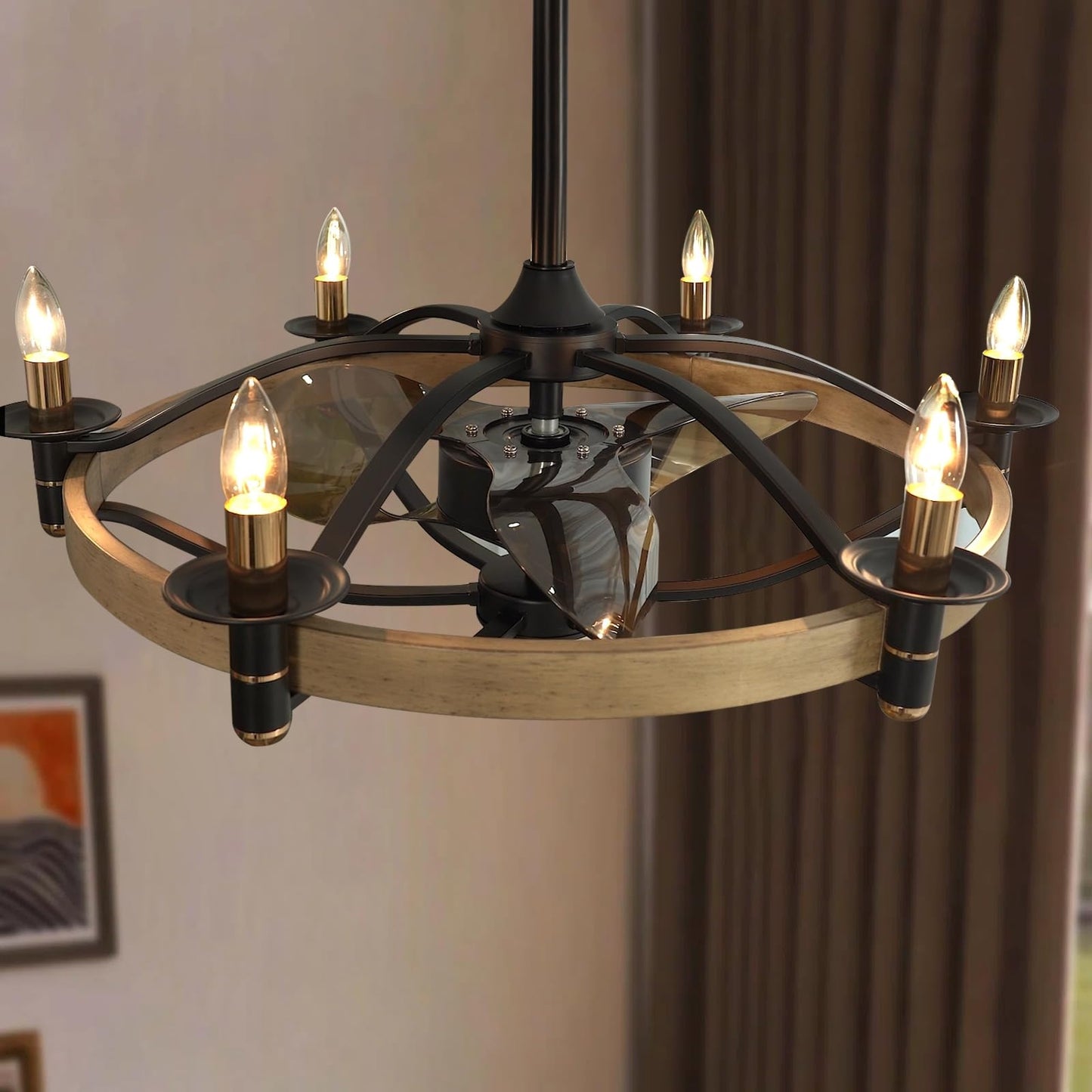23/32 Inches Caged Ceiling Fan with Light and Remote,Modern Farmhouse Ceiling Fan Light for Living Room,Kitchen,Dinning Room, Black Rustic Chandelier Candles