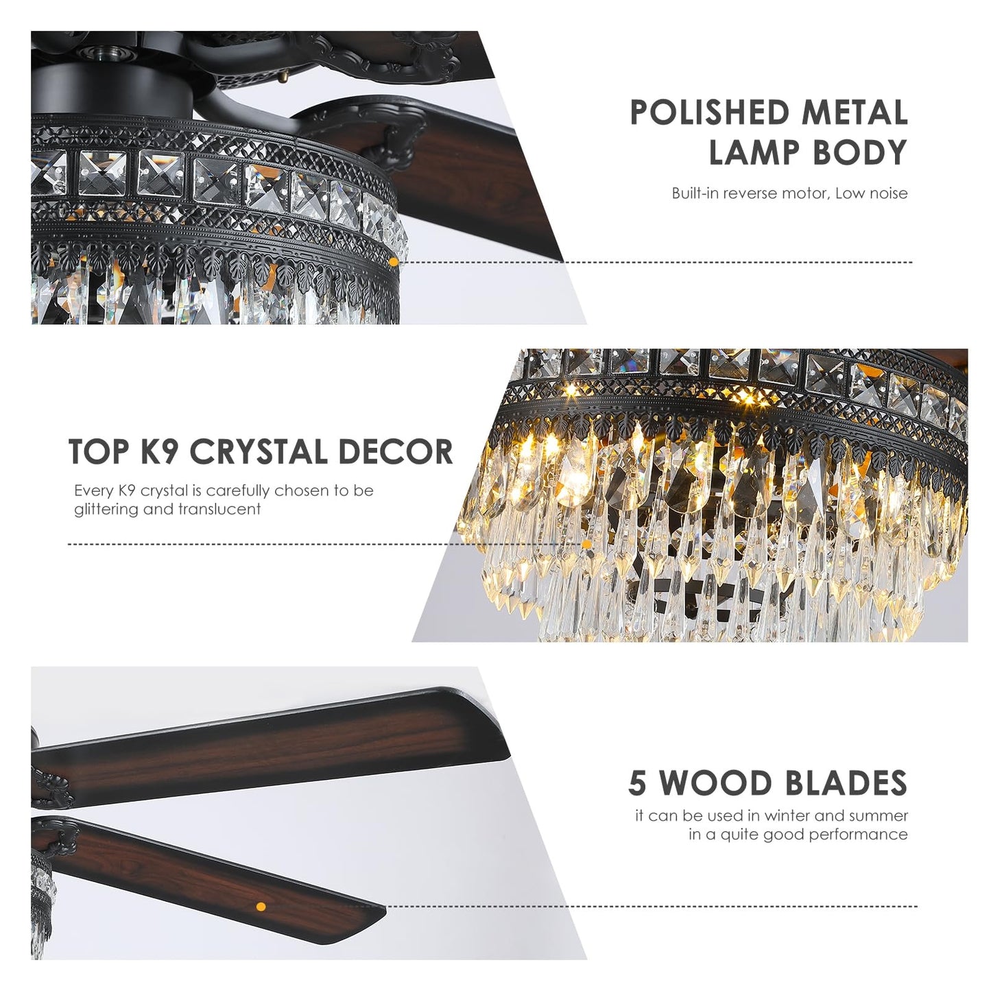 Kviflon 62 inch Crystal Ceiling Fan with Light