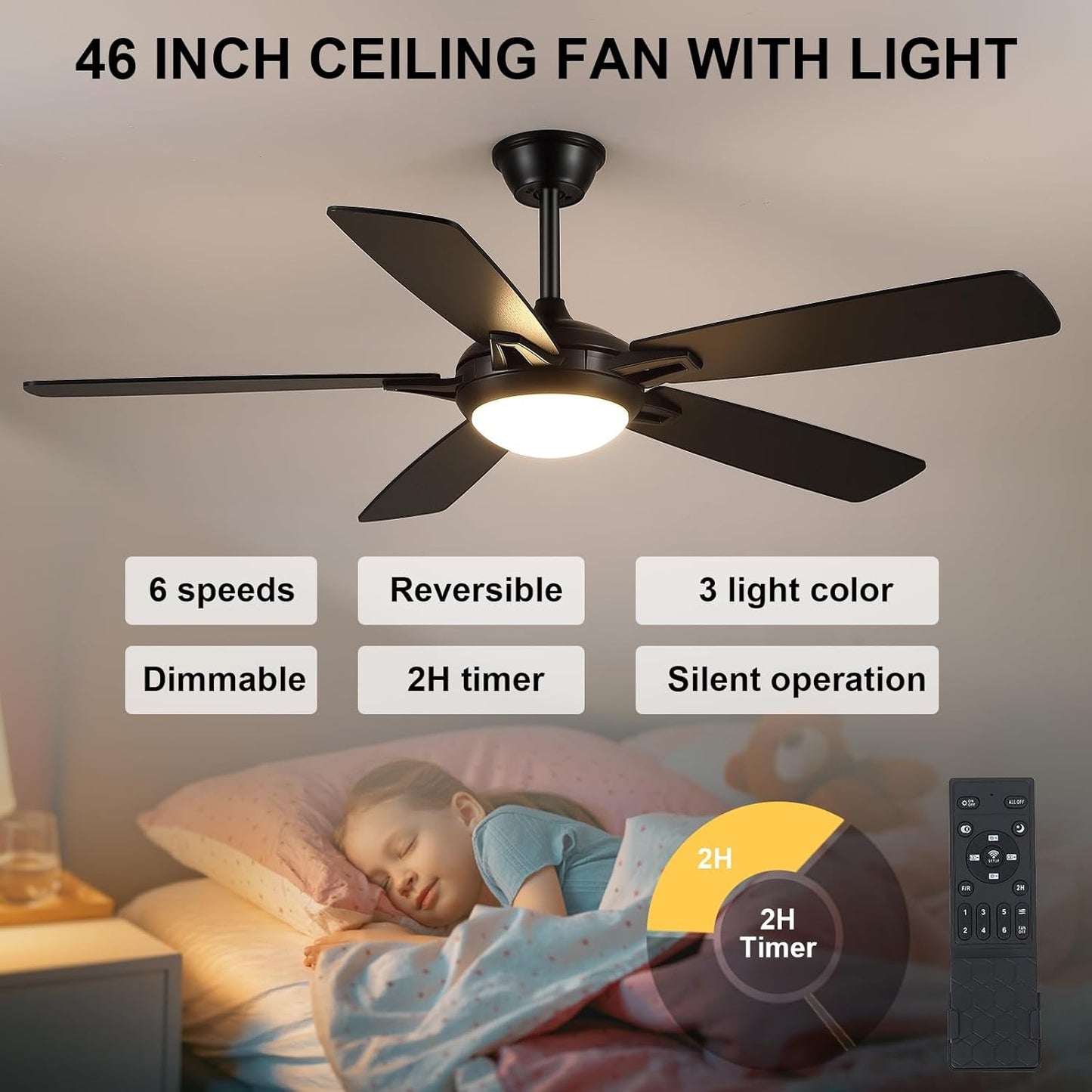 52 Inch Down Rod Ceiling Fan with Light,Dual side Blades