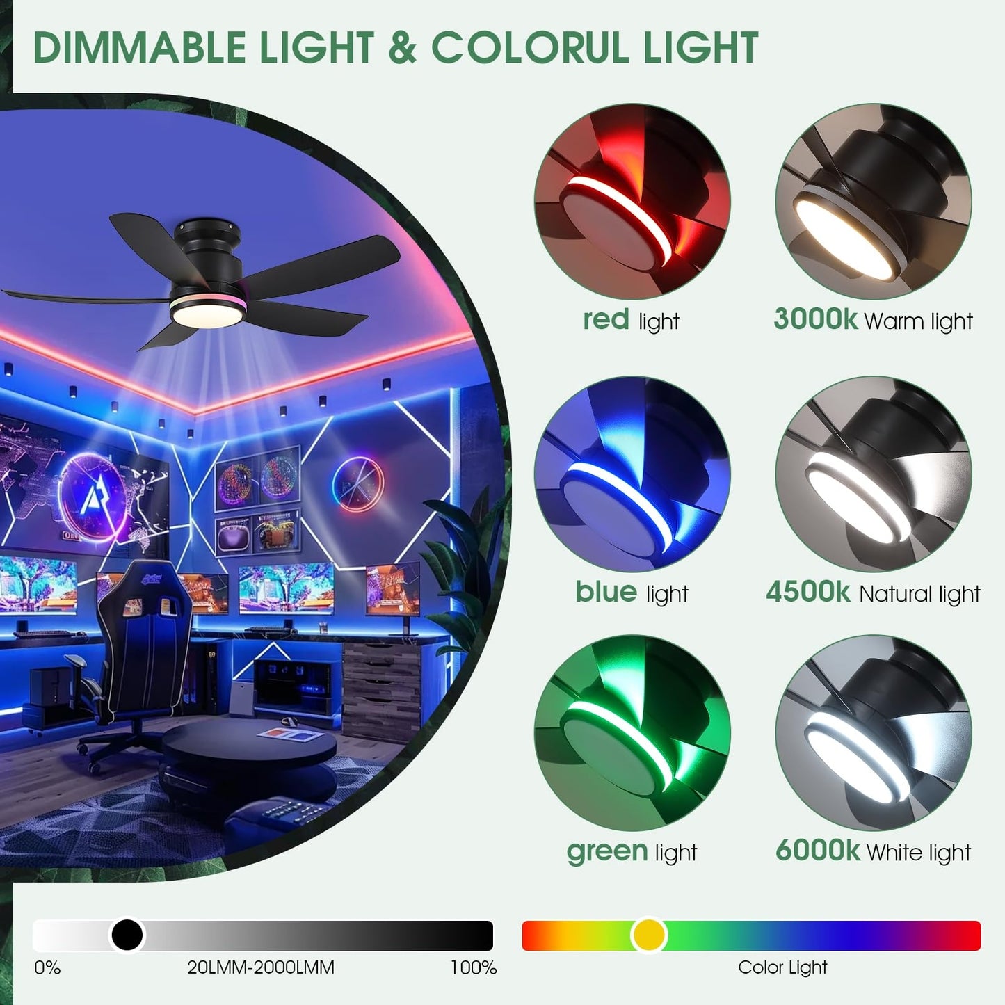 41 Inches RGB Ceiling Fan with Light,3CCT LED,Reversible DC Motor,Flush Mount Ceiling Fan