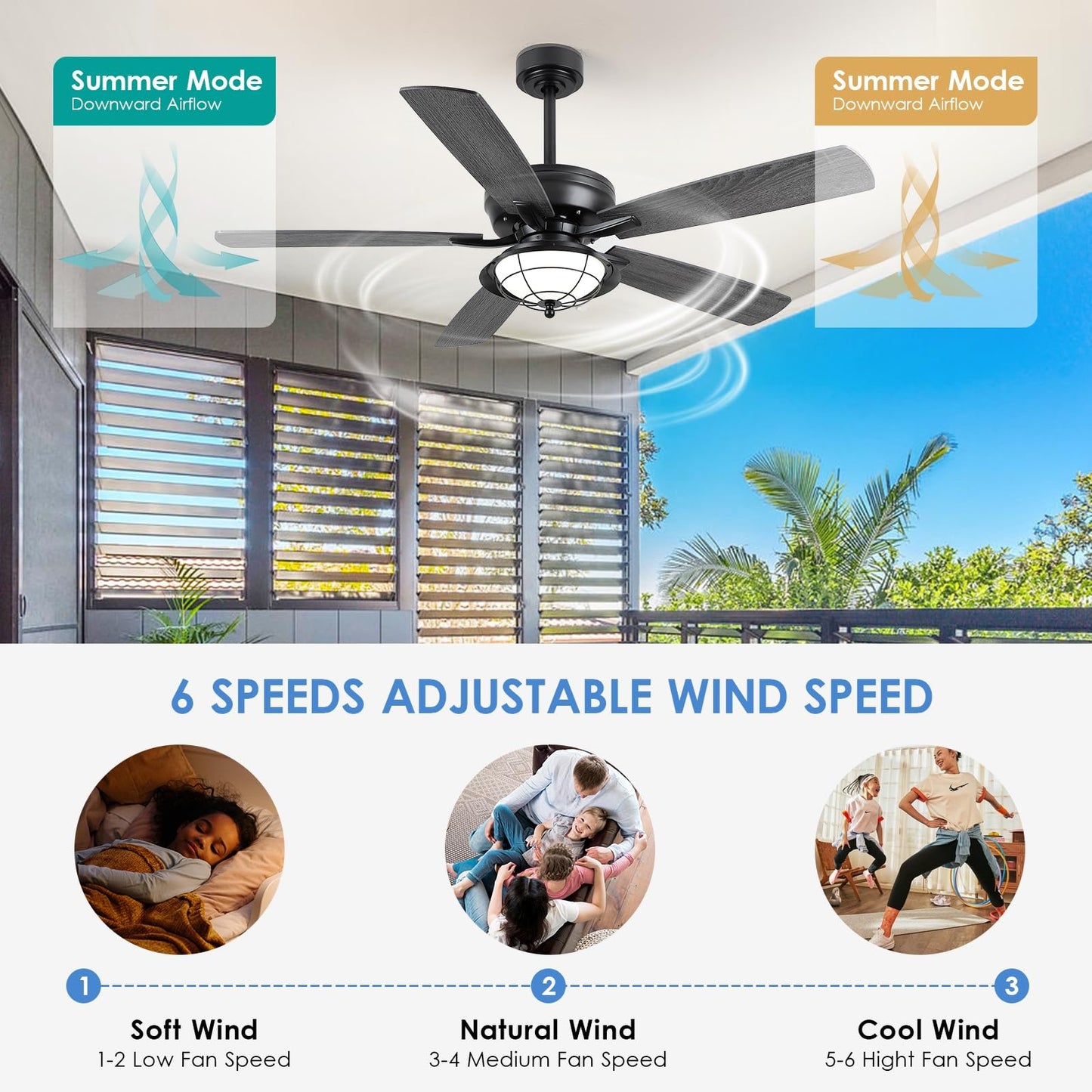 52 Inches Downrod Ceiling Fan with Light,3CCT LED Light,Reversible DC Motor,2 Downrod Inside