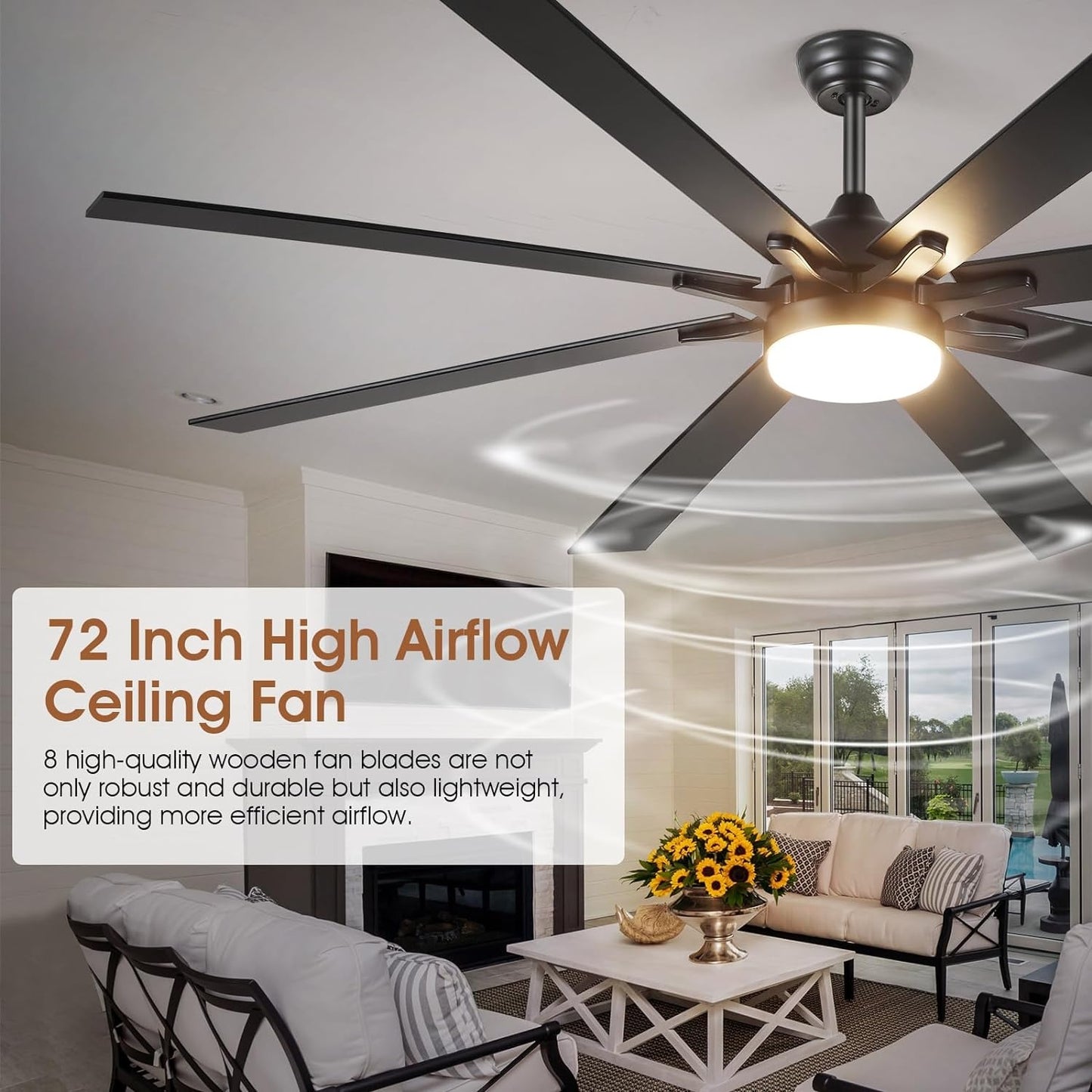 72 Inch Ceiling Fan with Light ,Reversible DC Motor,3 CCT Dimmable LED,Suitable for Living Room,Patio,backyard,Garage,Warehouse