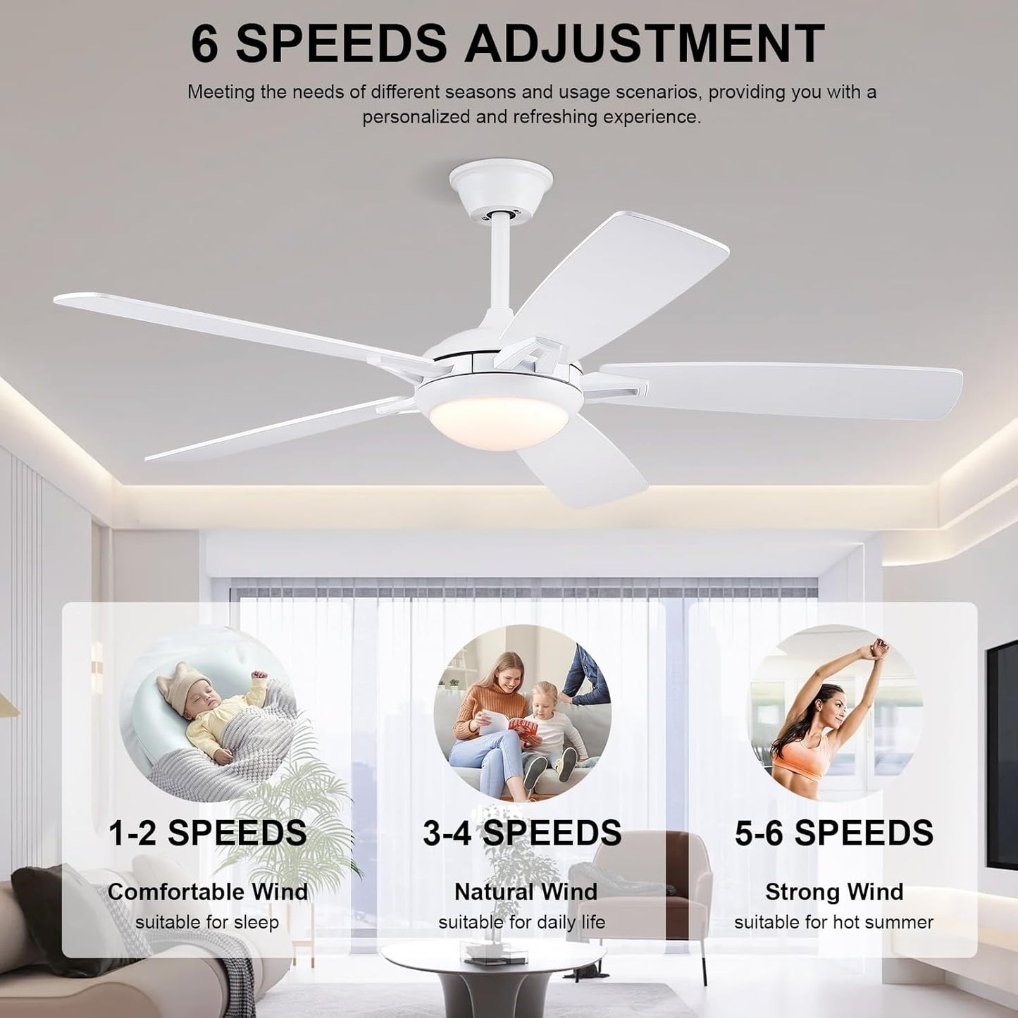 52 Inch White Ceiling Fan with LED