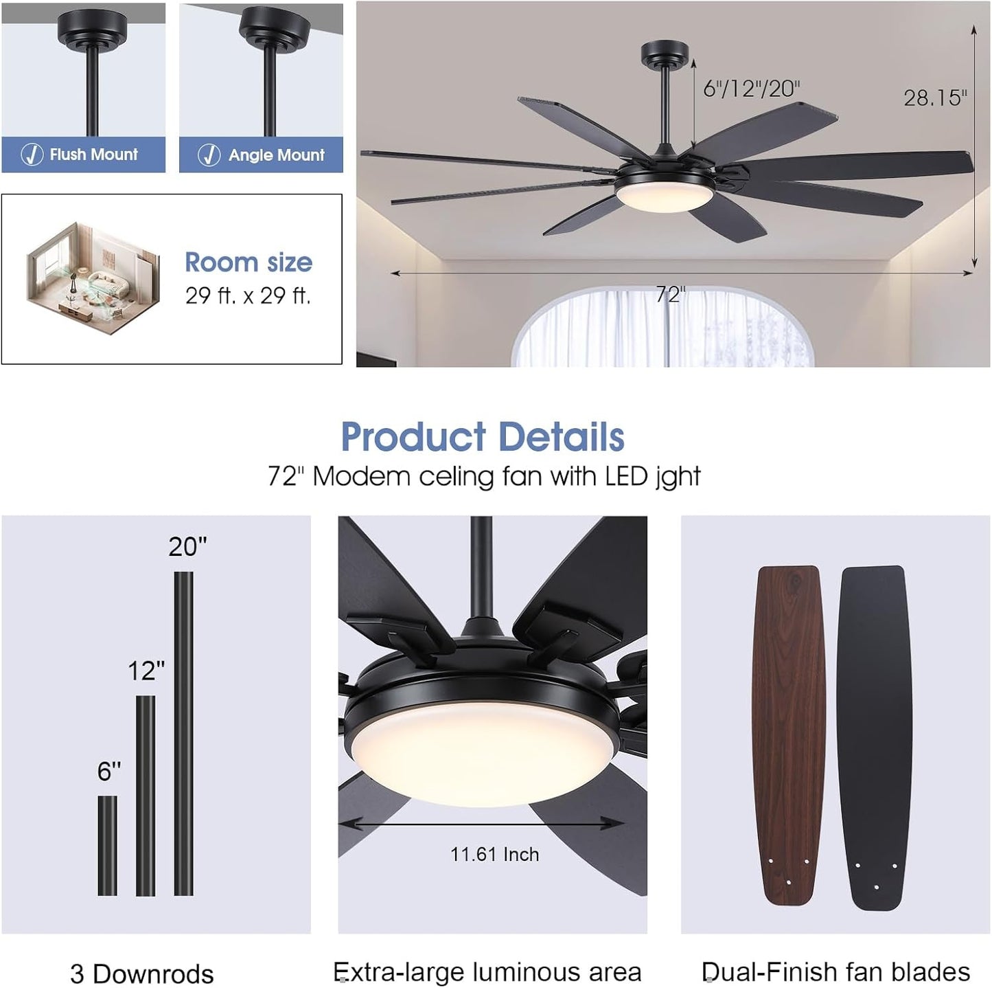 72 Inch Ceiling Fan with Light and Remote ,Modern Ceiling Fan for Living Room,Warehouse