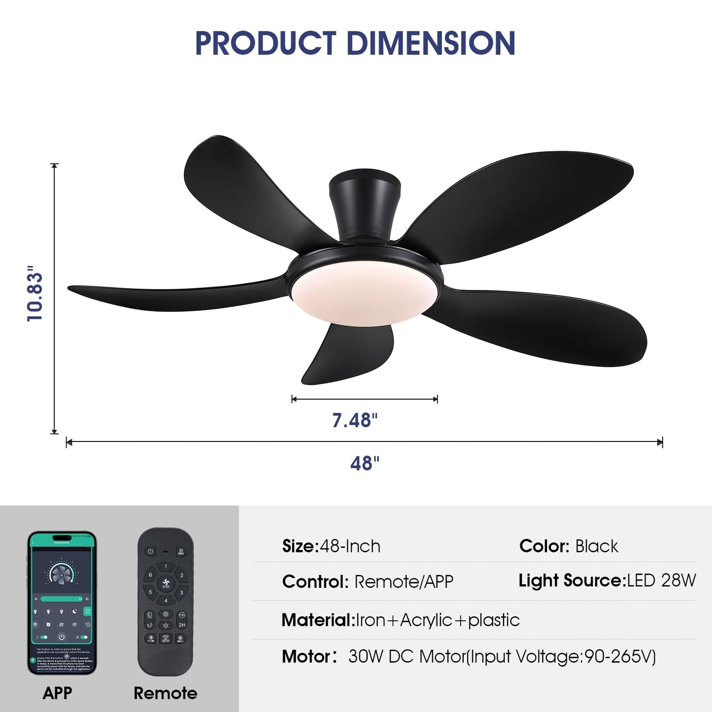 48 Inch Modern LED Ceiling Fans with Quiet Reversible DC Motor, Dimmable 3 Colors 6 Speeds