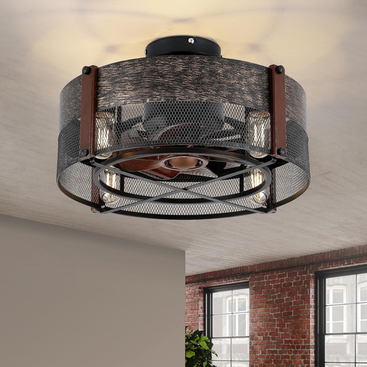 19 Inch Caged Ceiling Fan with Light,Black Bladeless Ceiling Fans for Bedroom Kitchen,Reversible