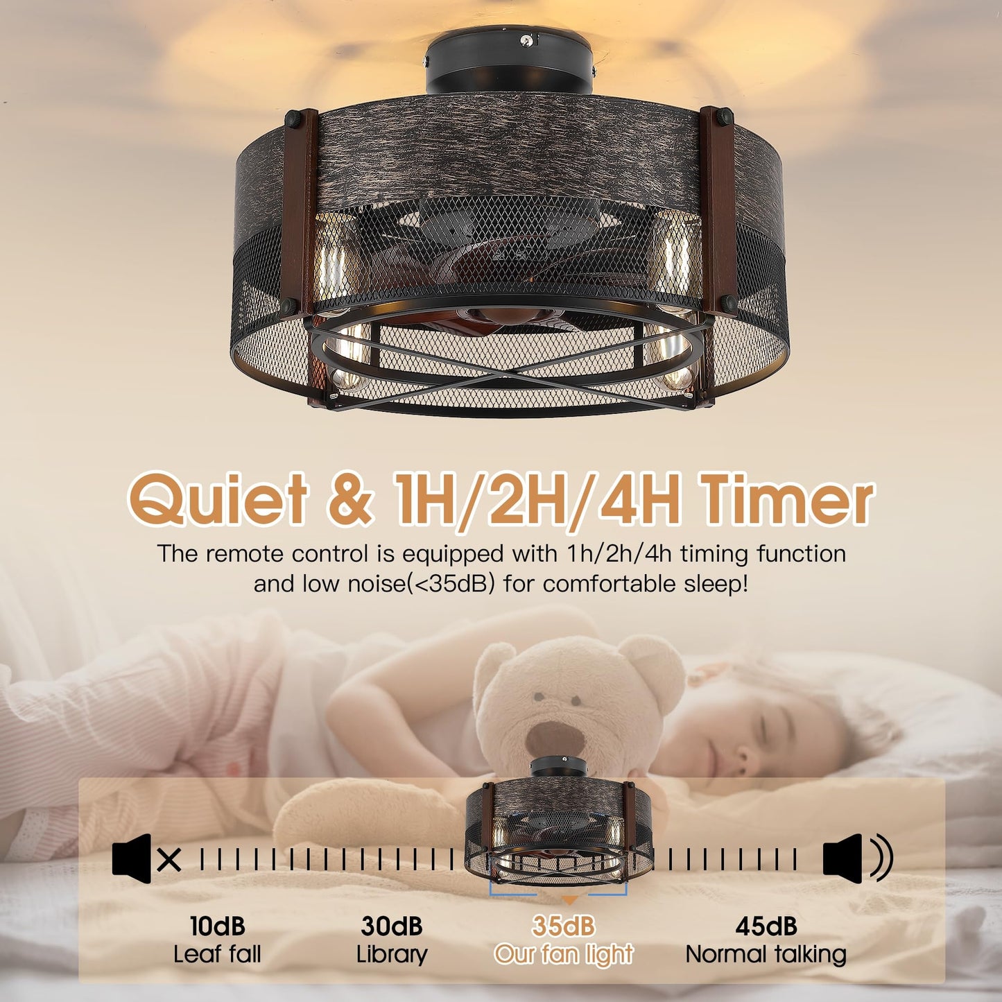 19 Inch Caged Ceiling Fan with Light,Black Bladeless Ceiling Fans for Bedroom Kitchen,Reversible