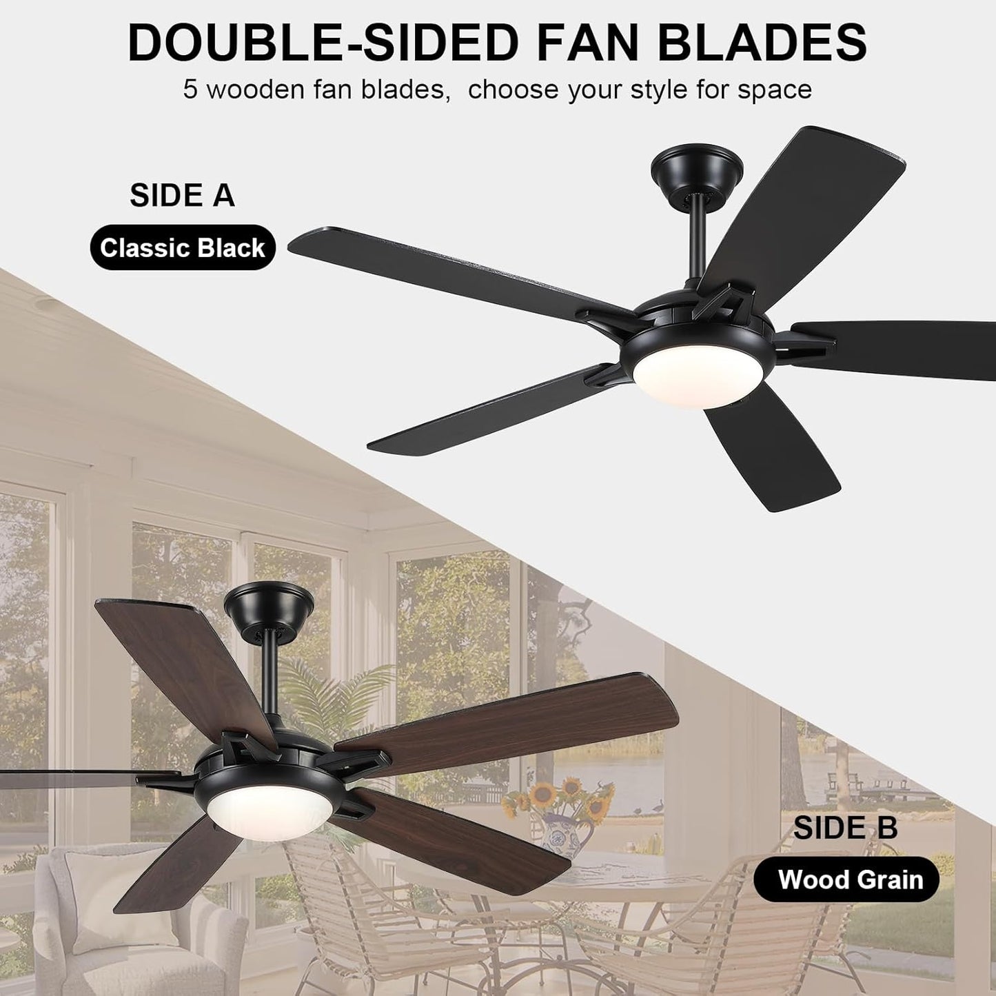 52 Inch Down Rod Ceiling Fan with Light,Dual side Blades