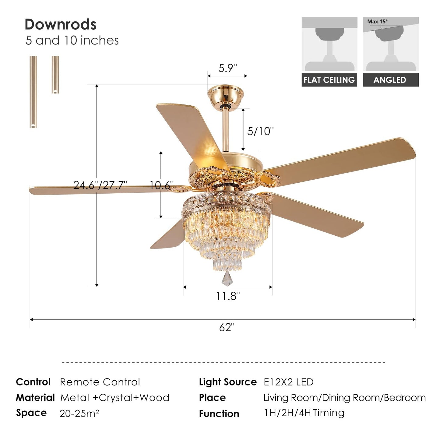 Kviflon 62 inch Crystal Ceiling Fan with Light