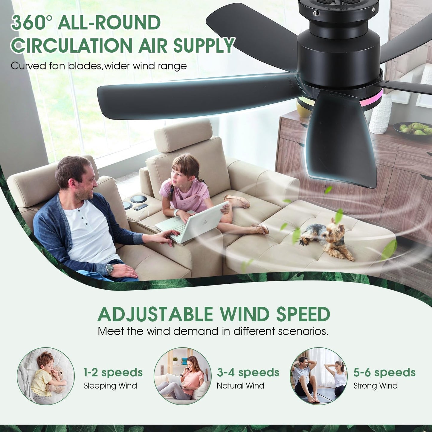 41 Inches RGB Ceiling Fan with Light,3CCT LED,Reversible DC Motor,Flush Mount Ceiling Fan
