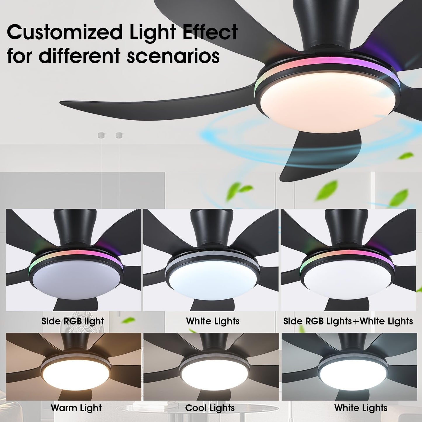 48 Inch Ceiling Fan with Light,RGB LED Light,Flush Mount Base, Five Reversible Blades