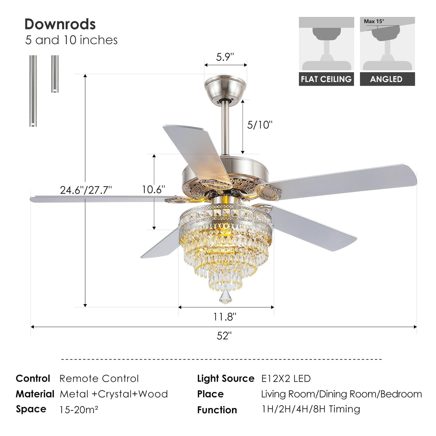 Chandelier Ceiling Fan with Remote, 52 Inch Crystal Fan Light, Indoor Fan Ceiling with 3 Speed, Silent Reversible Motor, Dual-Sided Blades, Timer