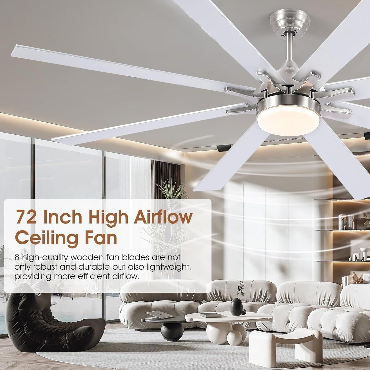 72 Inch Ceiling Fan with Light,8 Plywood Blades,Downrod LED Ceiling Fan,for Living Room,Warehouse,Patio