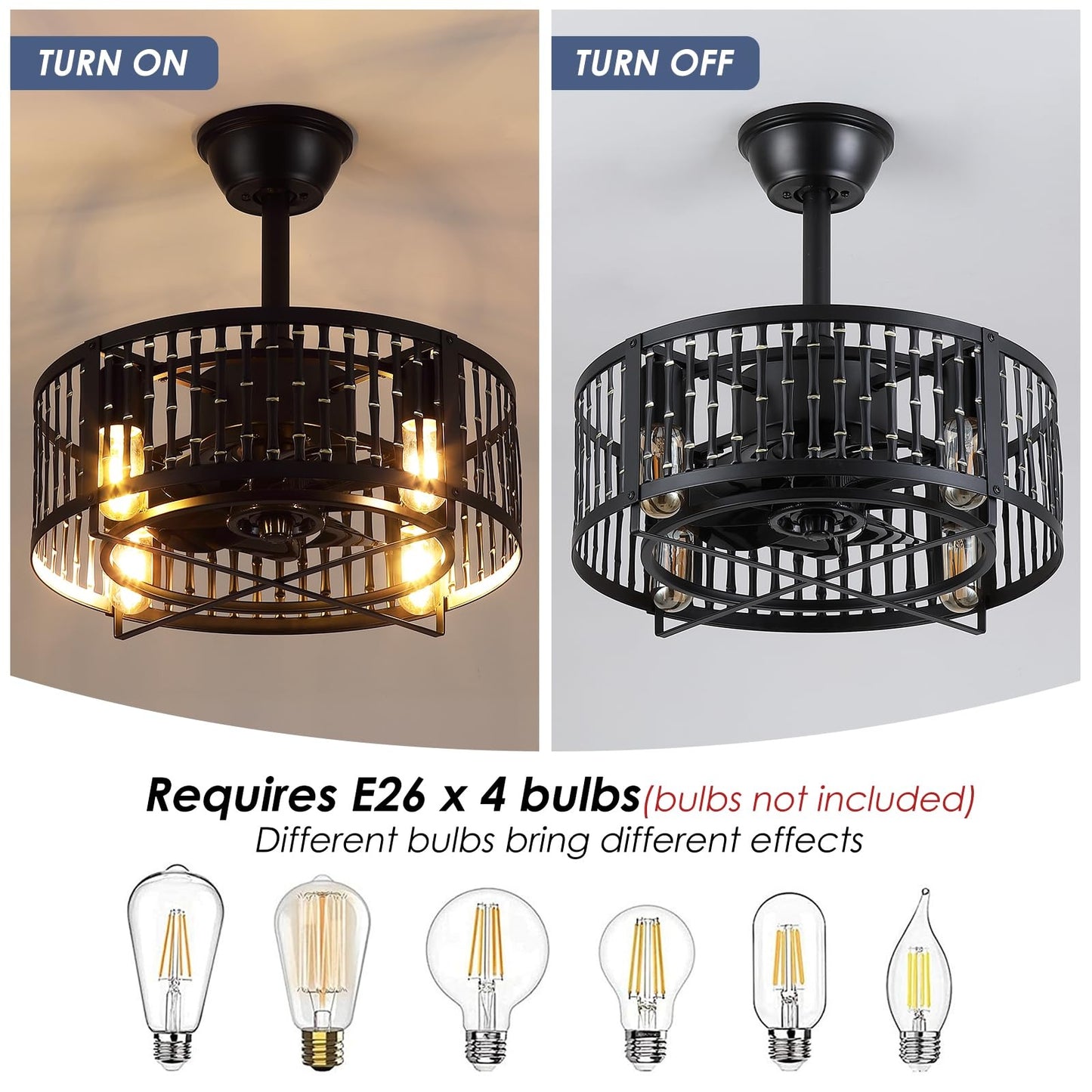 18 Inch Caged Ceiling Fan with Light and Remote,Downrod Bladeless Ceiling Fan Light,for Dining Room,Kitchen,Bedroom