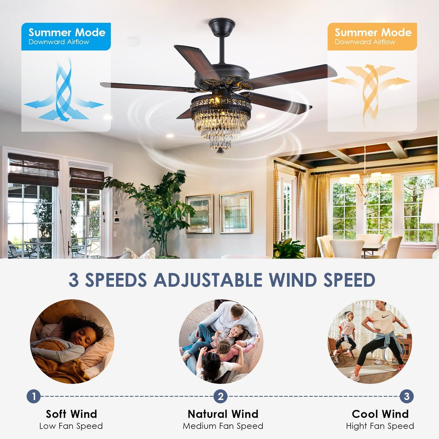 Kviflon  52/ 62 inch Crystal Ceiling Fan with Light