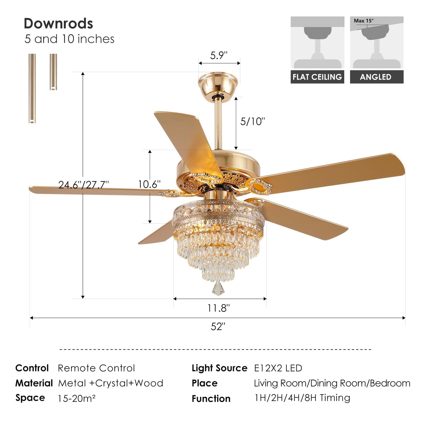 52 Inch Crystal Ceiling Fan Fandelier with Lights with Remote Control,Noiseless AC Motor,Retro/Farmhouse Lighting, Dining Room, Living Room